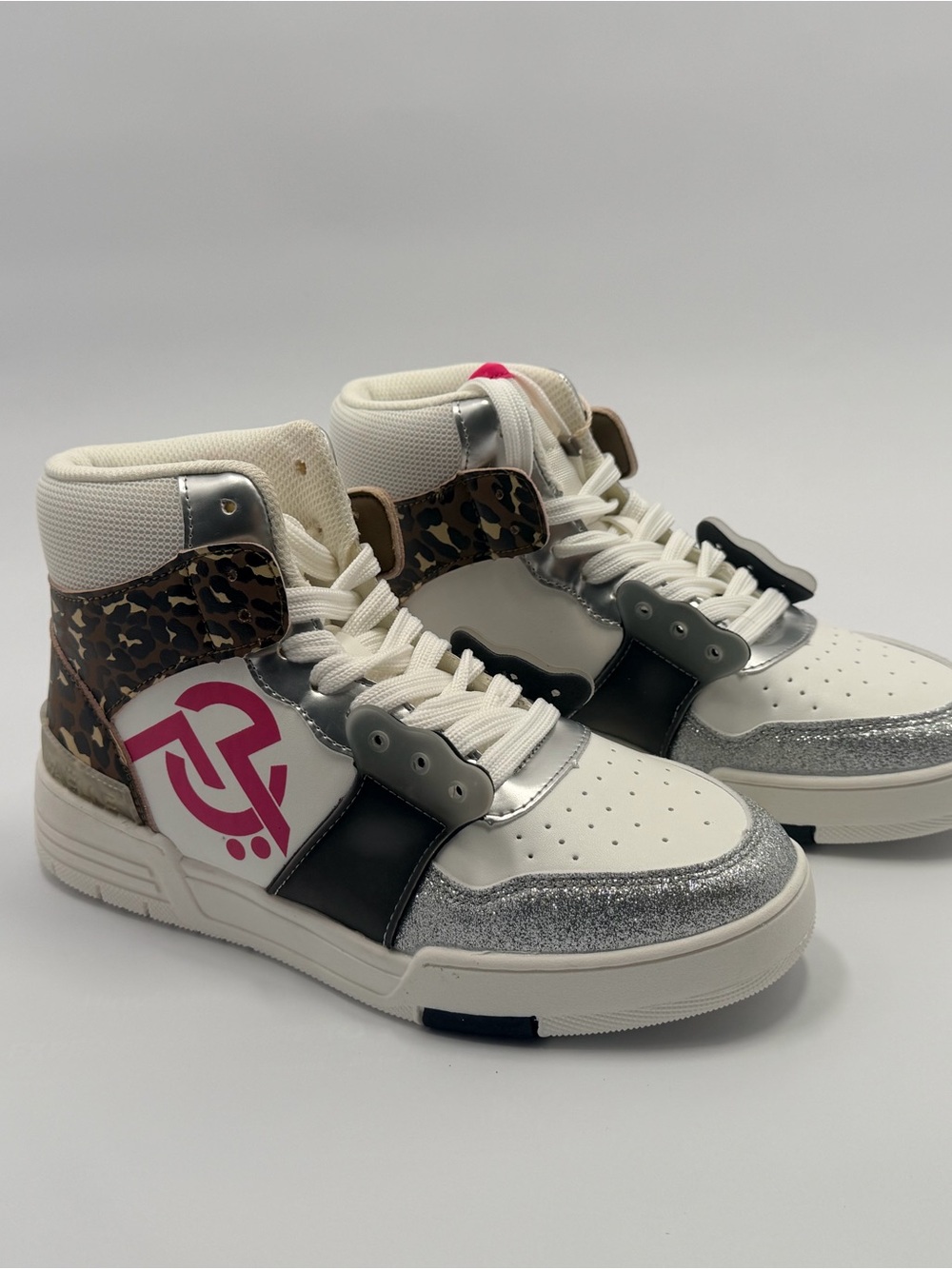 GAëLLE Paris High-Top Women’s Fashion Sneakers in White, Silver & Leopard